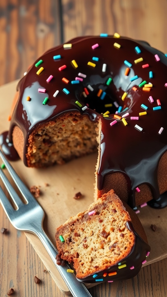 Chocolate glazed donut cake with sprinkles on a rustic wooden table.